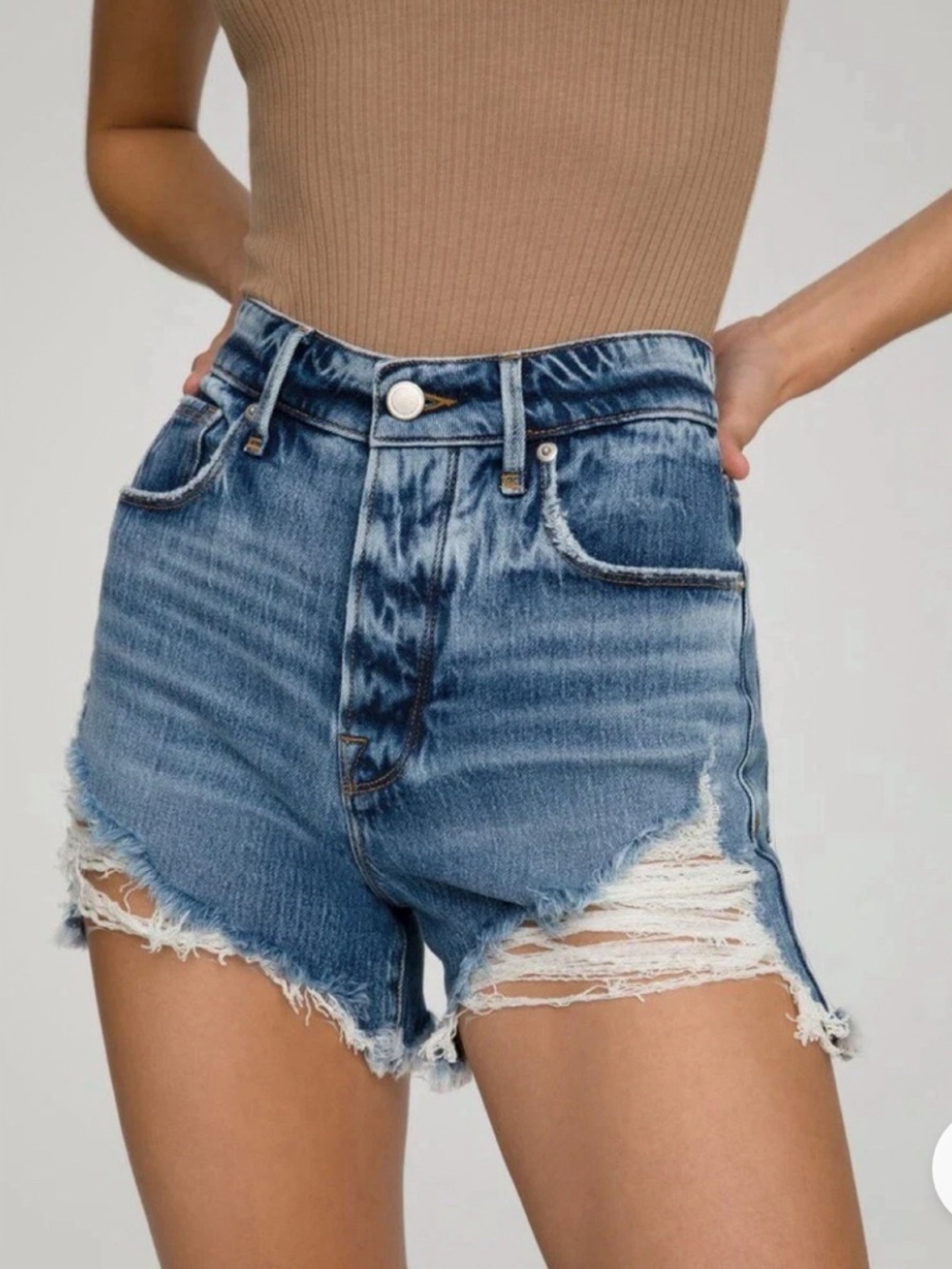 Good American Distressed High-Rise Denim Shorts Blue Women’s Size 4